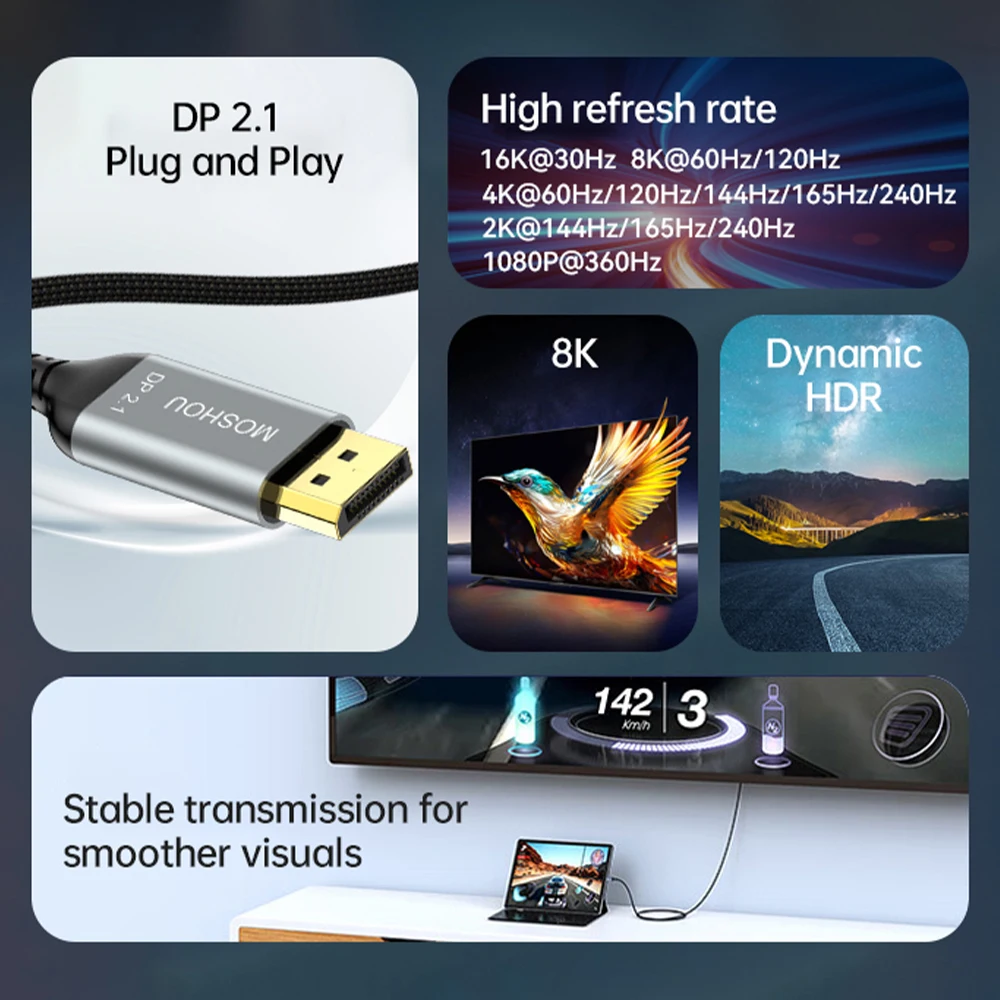 Moshou-usb c para Displayport 2.1 Cabo para Macbook Pro e Air 16k @ 30hz 8k @ 60hz 40gbps Thunderbolt tipo c para dp 2.1 Cabo - Image 6