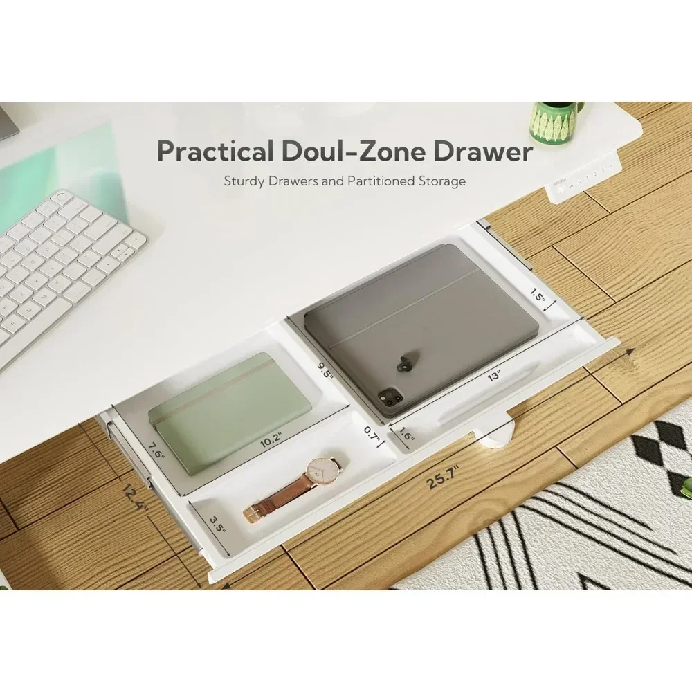 "white 55"x24" ergonomic standing desk with storage drawers for home office, quick assembly"