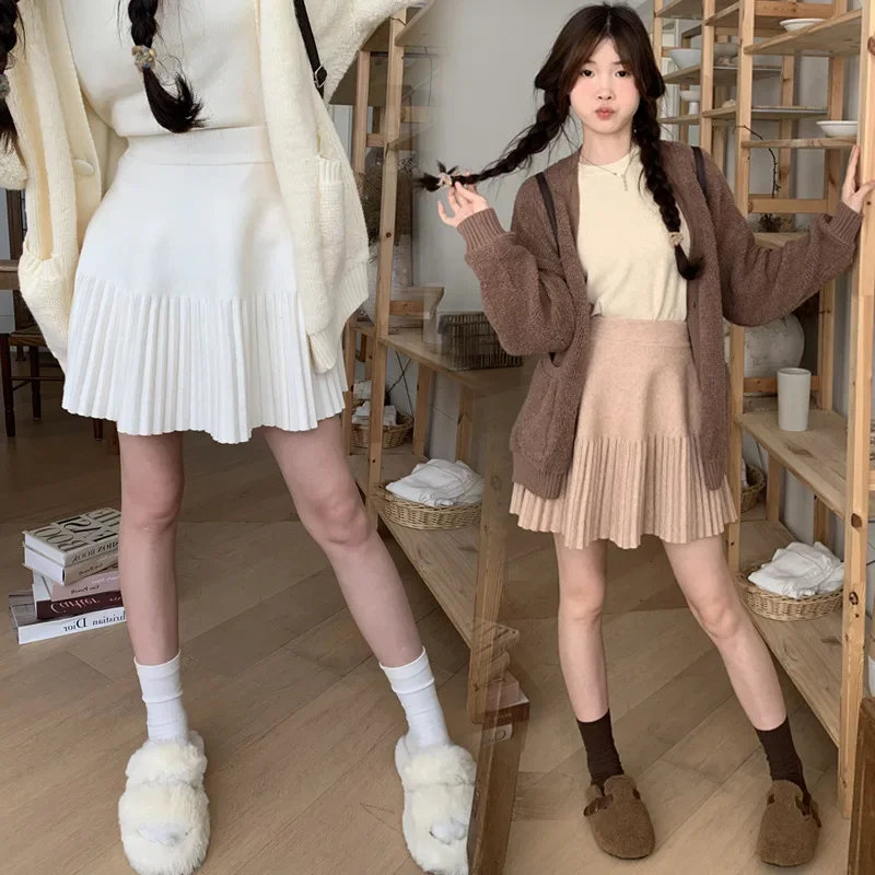 Pregnant Women's Knitted Mini Skirt Autumn Winter Outerwear A- Line Midi Skirt Versatile Half-length Short for Women