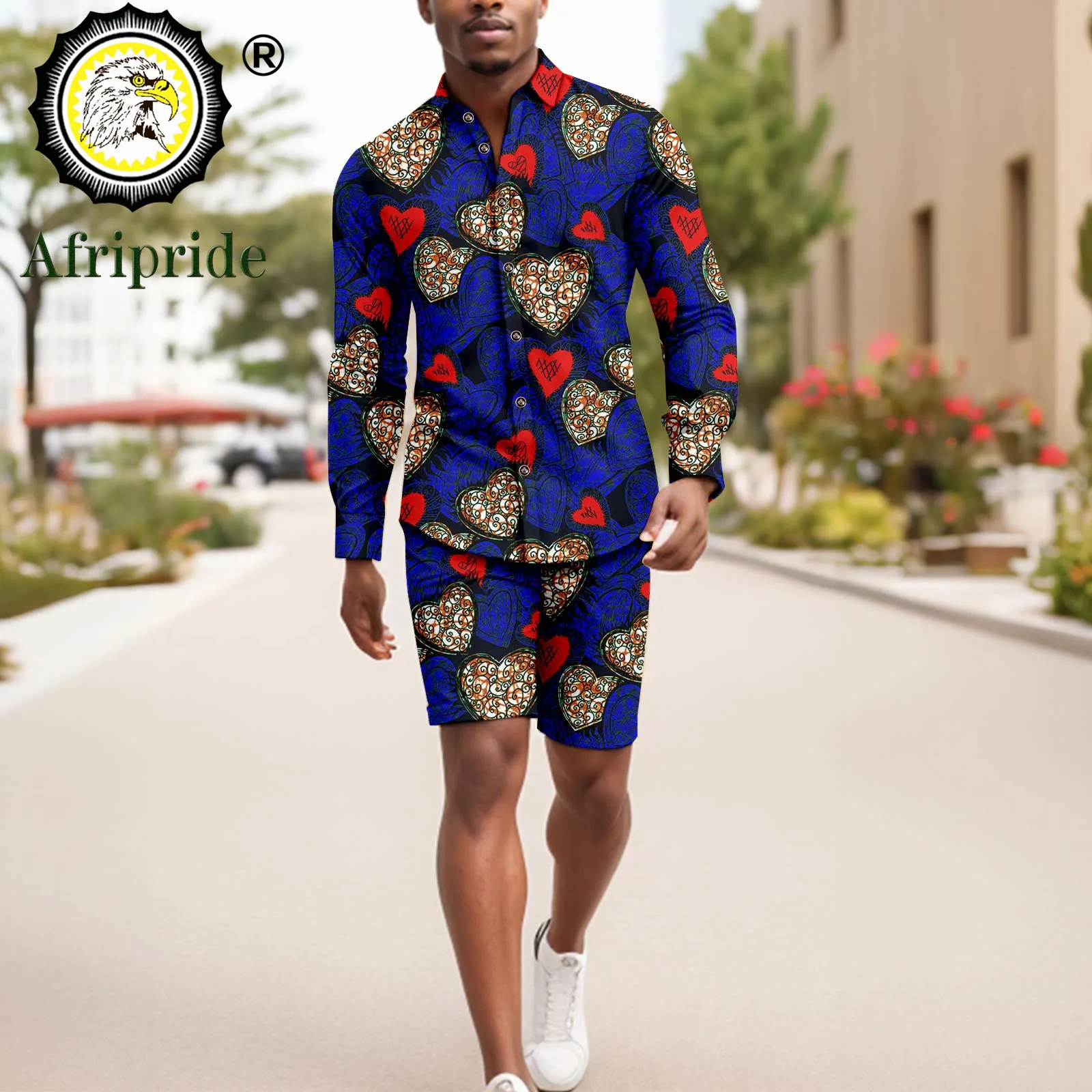 Men`s Tracksuit African Clothes Full Sleeve High-neck Shirts and Shorts 2 Piece Set Slim Fit Blouse Print Outfits A2316087 new summer men s tracksuit popular african style 2 pieces round neck loose quick dry set egyptian style contrasting colors suit