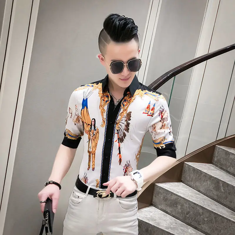 

Men's shirt spring and autumn new flower shirt Korean floral sleeve slim anti-wrinkle men's shirt