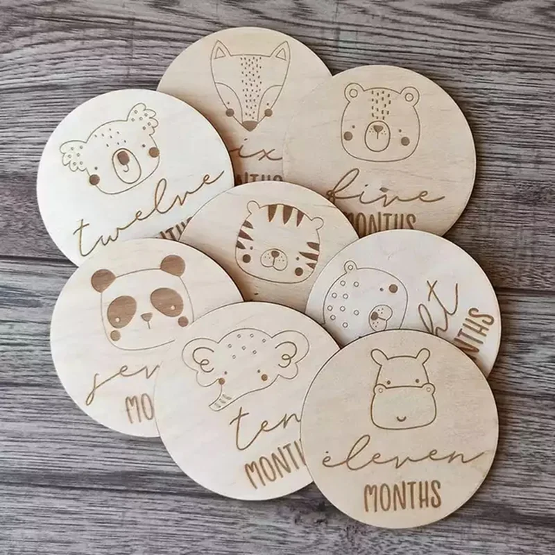 

wood monthly milestone discs cards baby props newborn photography baby shower gifts animals beer milestone cards