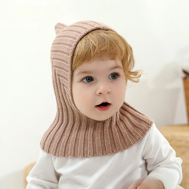 Autumn Winter New Newborn Baby Knitting Warm Scarf Cap Boy Girl Infant Solid Fashion Pullover Hat Kid Windproof Earmuffs Caps 3