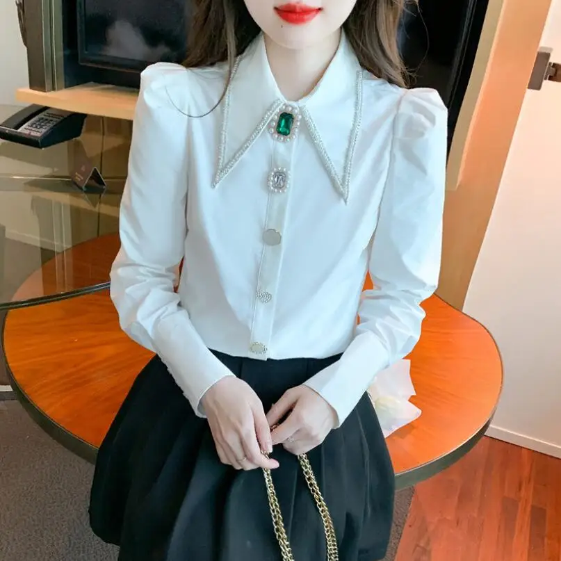 

Women Shirts French Vintage Blouse 2023 Button Up Shirt Pointed Collar Long Puff Sleeve Pearl Button Slim White Tops p1150