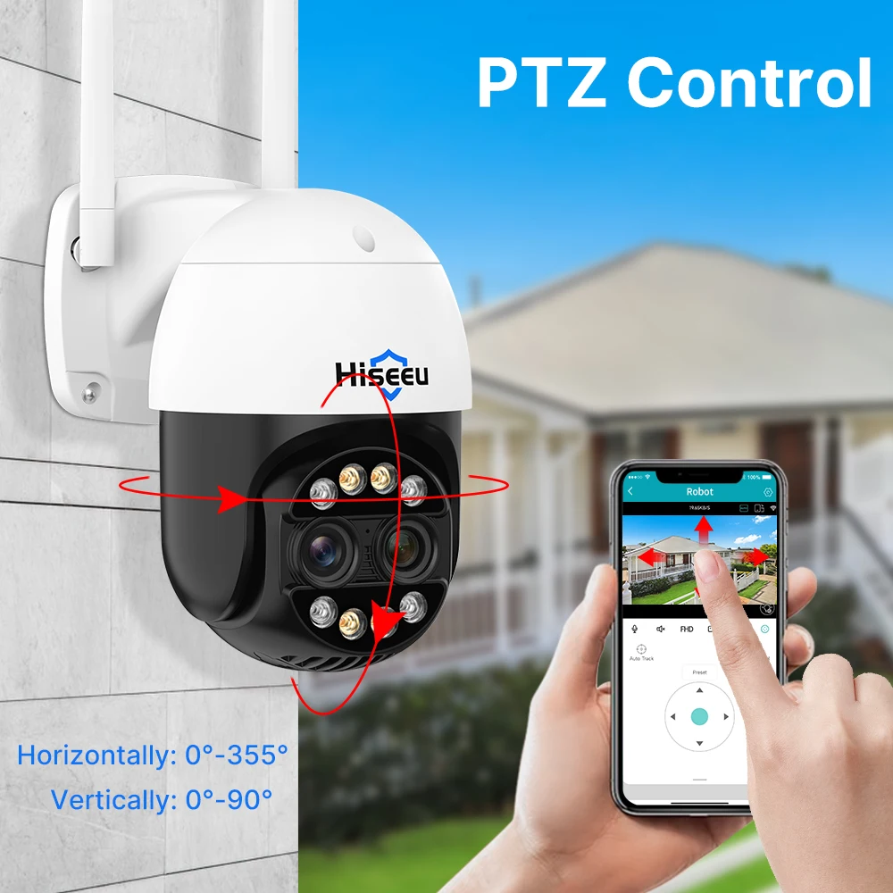 Hiseeu 4K 8MP Dual Lens PTZ Wifi IP Camera 8X Zoom Outdoor HD Full