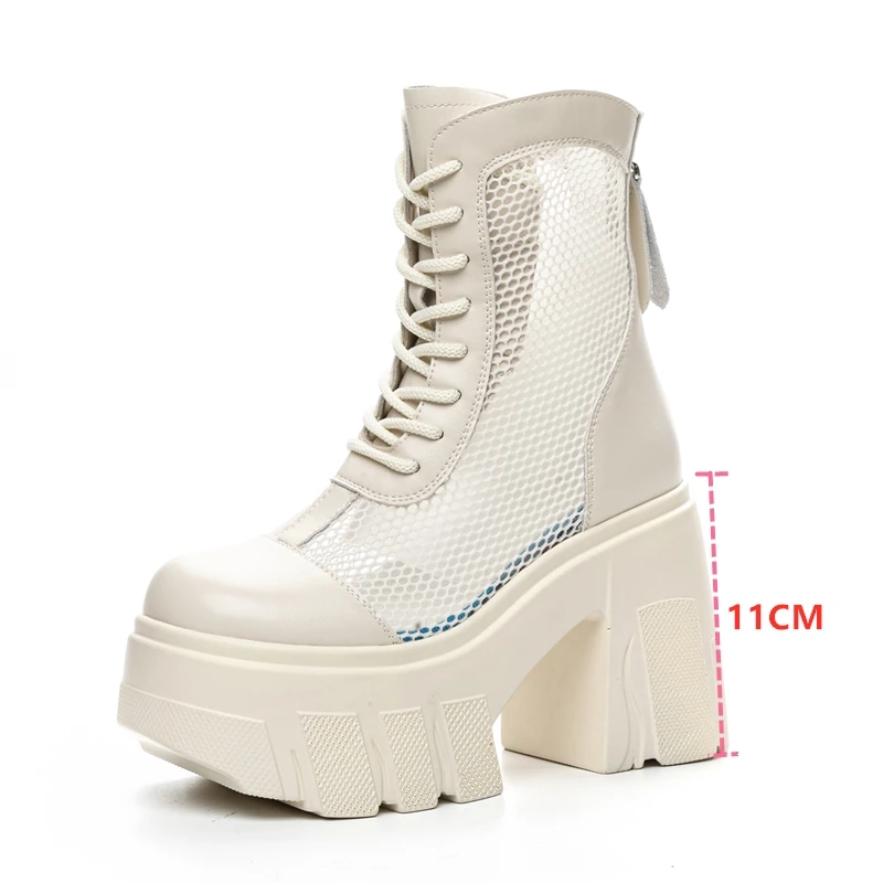 AIYUQI Women Summer Boots Genuine Leather 2024 New Mesh Women Cool Boots 11cm Height Platform Women's Ankle Boots