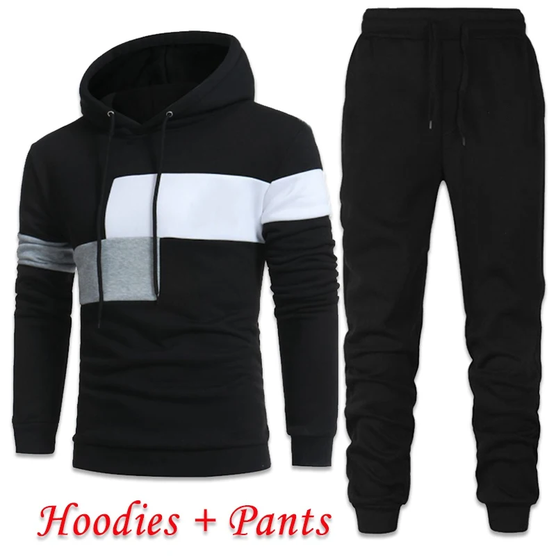 2023 personality patch men's Sportswear hooded suit men's hooded+trousers two-piece autumn and winter hooded pullover suit