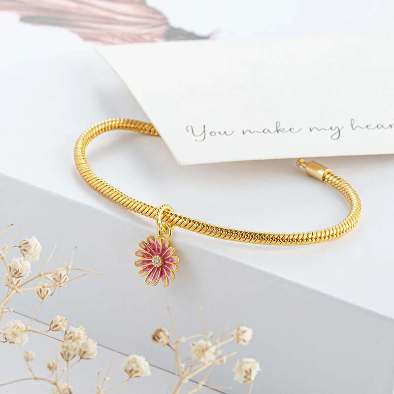 Gold Plated Colourful Bead Jewelry Gift Pink Daisy Flower & Cherry Blossom Charm Fit Original Silver 925 Europeans Bracelet charm jewelry beads charms silver charm bead charm bead beads jewelry sterling silver beads charm silver bead bracelet silver charm bracelet