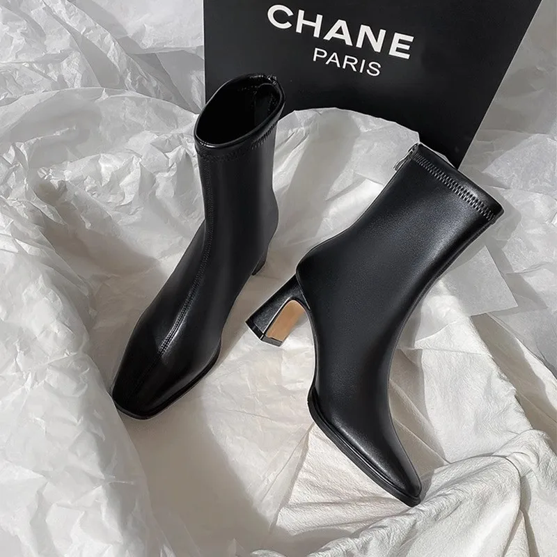 Square Ankle Boots Autumn Soft Leather High Heel Women's Fashion Zipper Simple Shoes