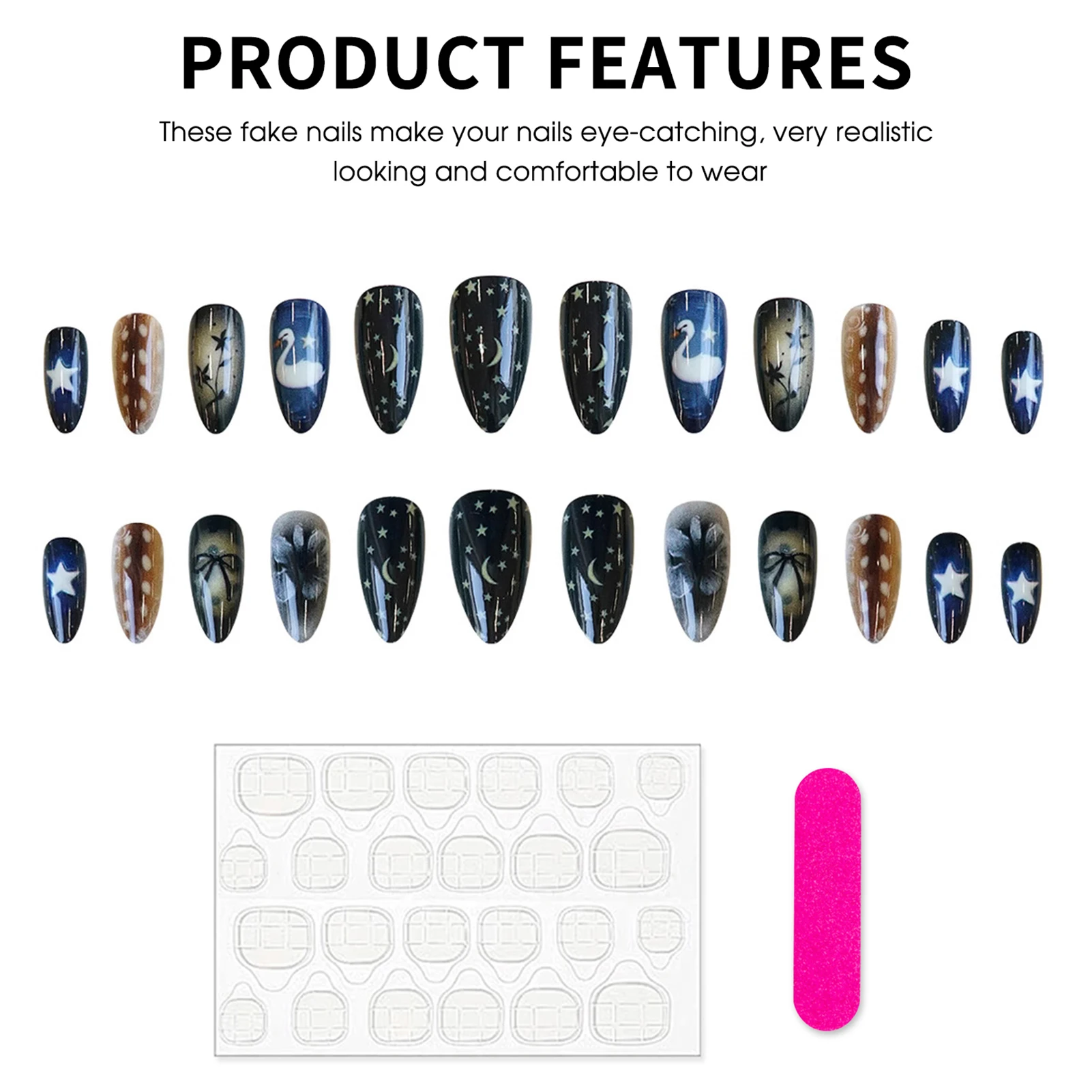 24Pcs 가짜 손톱 광택 블랙 프레스 온 네일 스완 프린트 가짜 손톱 여성용 네일 아트 장식 웨어러블 가짜 손톱