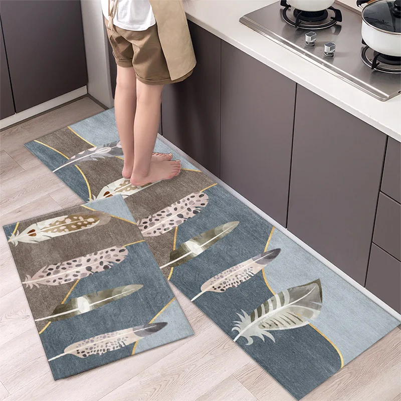 

Nordic Anti-Slip Feather Pattern Kitchen Mat Carpet Rug Simple House Bath Entrance Antifouling Morandi Color Doormat Home Decor