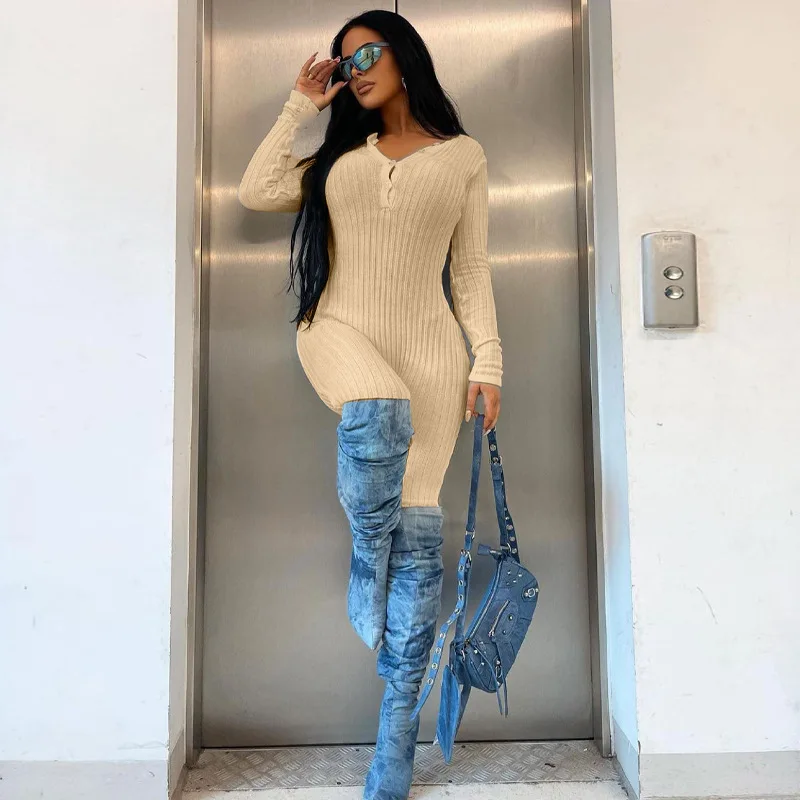 BKLD Autumn And Winter 2022 New Women Clothing Solid Color Round Neck Button Skinny Fitness Jumpsuit One Pieces Outfits