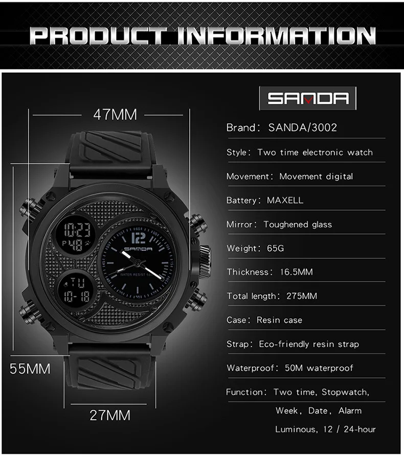 SandaSports Watch，outdoor，luminous，Double show electronic watch，Resin strap,With double time display digital clock