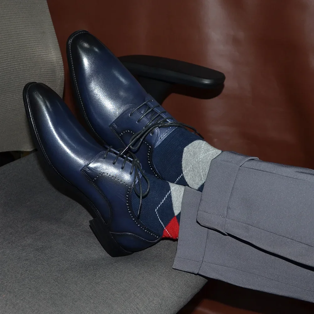 XEBOS Luxury Original Derby Mens Dress Shoes Blue Real 