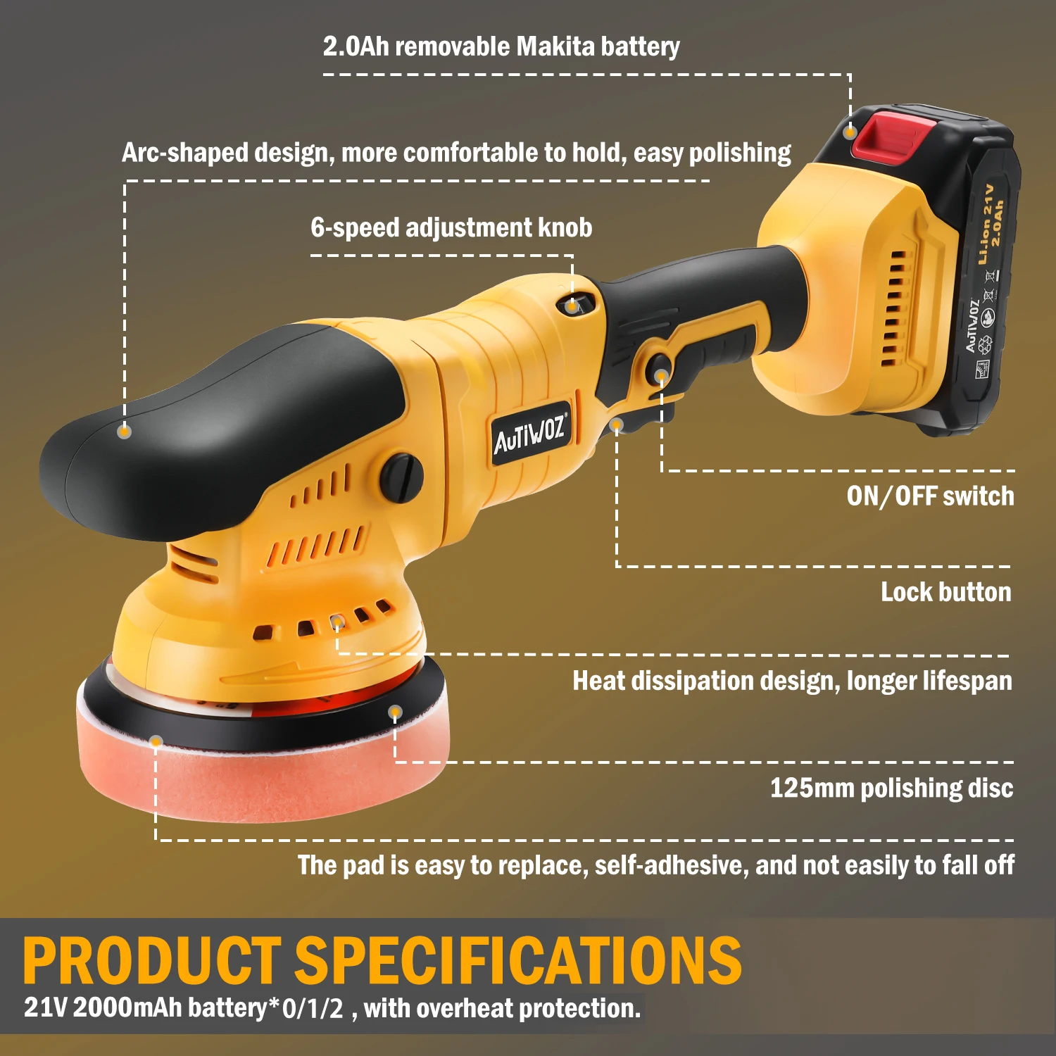 21V Cordless Dual Action Car Polisher – 6-Speed DA Buffer & Waxing Machine | Compatible with Makita 18V/20V/21V Batteries for Paint Care & Detailing 2
