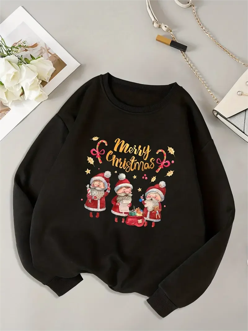 Women's Christmas Santa Clauses Print Long Sleeve Sports Sweatshirts, Crew Neck Pullover Top for Fall, Sporty Sweatshirts