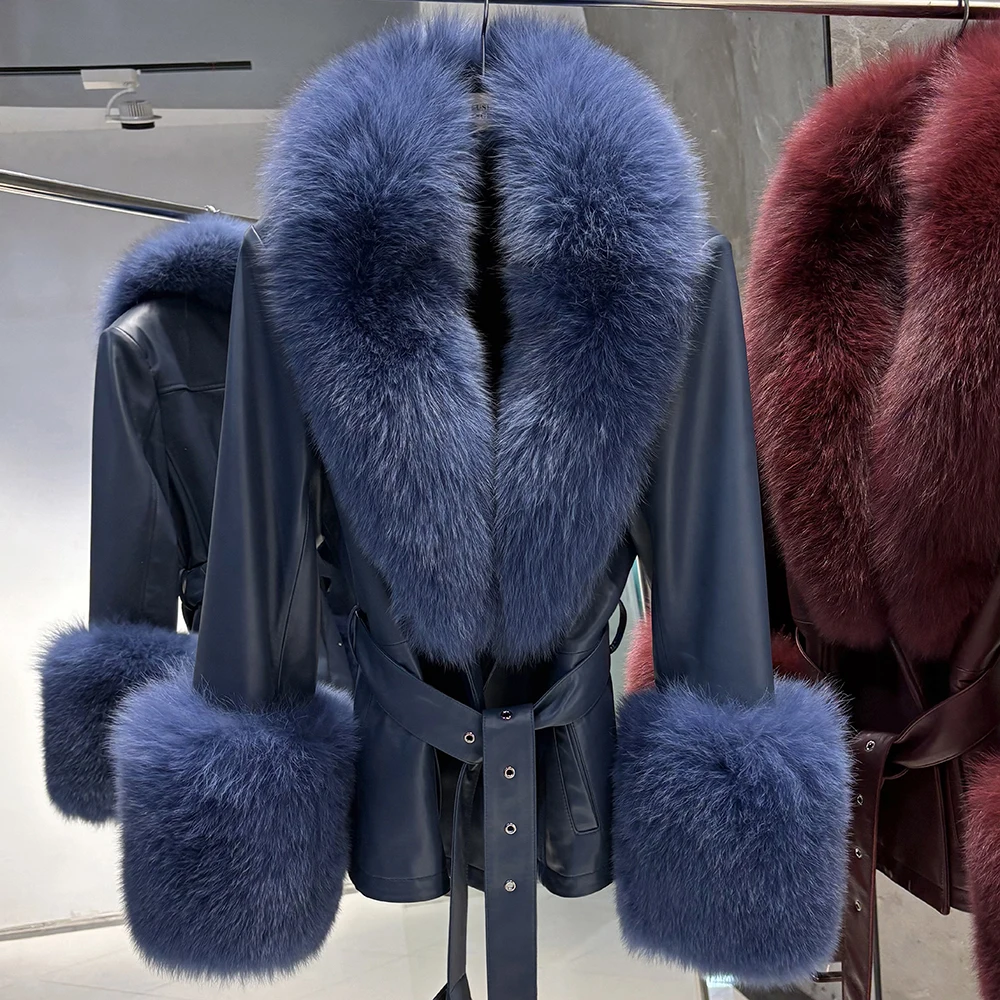 YOLOAgain Real Fox Fur Collar Genuine Leather Jacket Women
