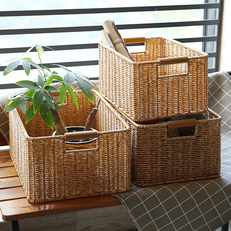 

JFBL Hot Wicker Storage Basket Rattan Woven Shelf Storage Basket Stackable Shelf Organizer Basket With Handle Rectangle