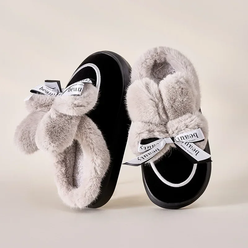 Winter Cute Children's Bow Tie Warm Plush Slippers Soft Sole Non-slip Girls Indoor Home Heel Wrap Cotton Shoes