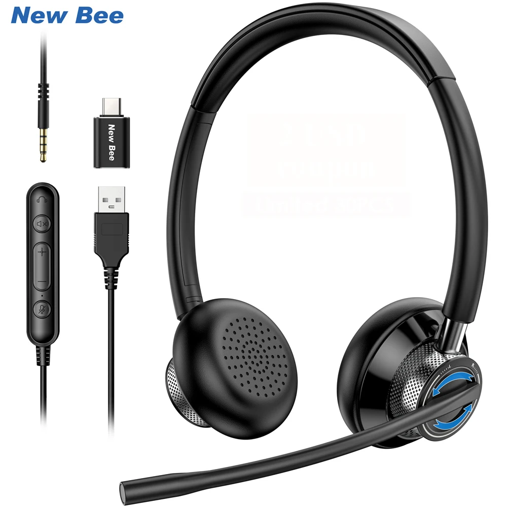 Bee USB Headset com Mic Mute para PC, Business Headphones, Microfone Rotativo, Cancelamento de Ruído, Call Center, 3.5mm, Novo
