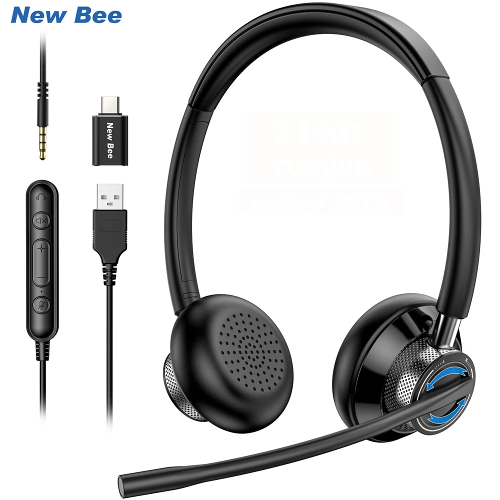 New Bee-auriculares USB con micrófono silencioso para PC
