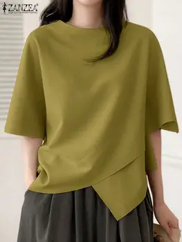 ZANZEA Women Asymmetrical T Shirt Fashion Summer Half Sleeve Tees 2024 Korean O-Neck Plain Tunics Casual Loose Solid Simple Tops 1