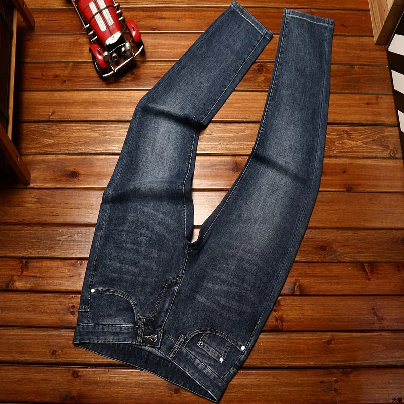 New high-end trendy brand light business jeans men printed elastic slim fit straight tube trendy casual versatile denim pants