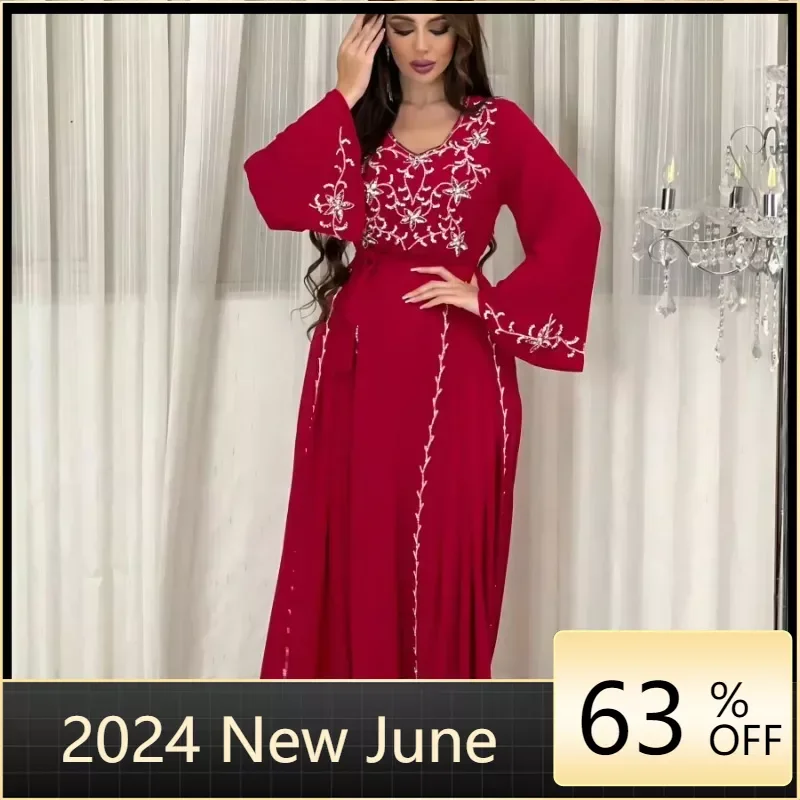 

Middle Eastern Dubai Embroidered Applique Dress Abaya Muslim Elegant Party Dinner Robe Long-sleeved V Neck Fashion Dubai vestido