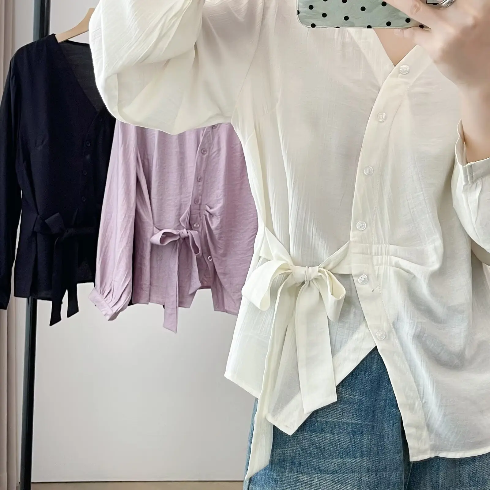 Plus Size Women's Blouses New Stylish Design Side Lace-Up Bow Long Sleeve V-neck Solid Color Shirt 169