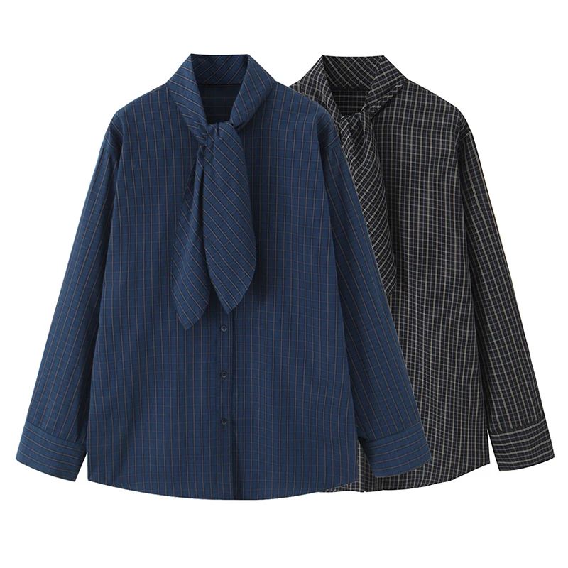 Chic Fashion Check Shirts for Women 2025 New Long Sleeve Scarf Collar Women's Casual Loose Simple Style Shirt And Blouse Tops