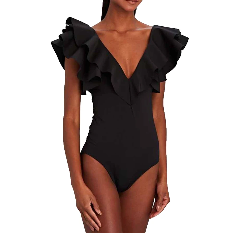 2023 Sexy Ruffle One Piece Swimsuit Sleeveless Solid Swimwear Women Deep-V Bathing Suits Summer Backless Beachwear Dropshipping