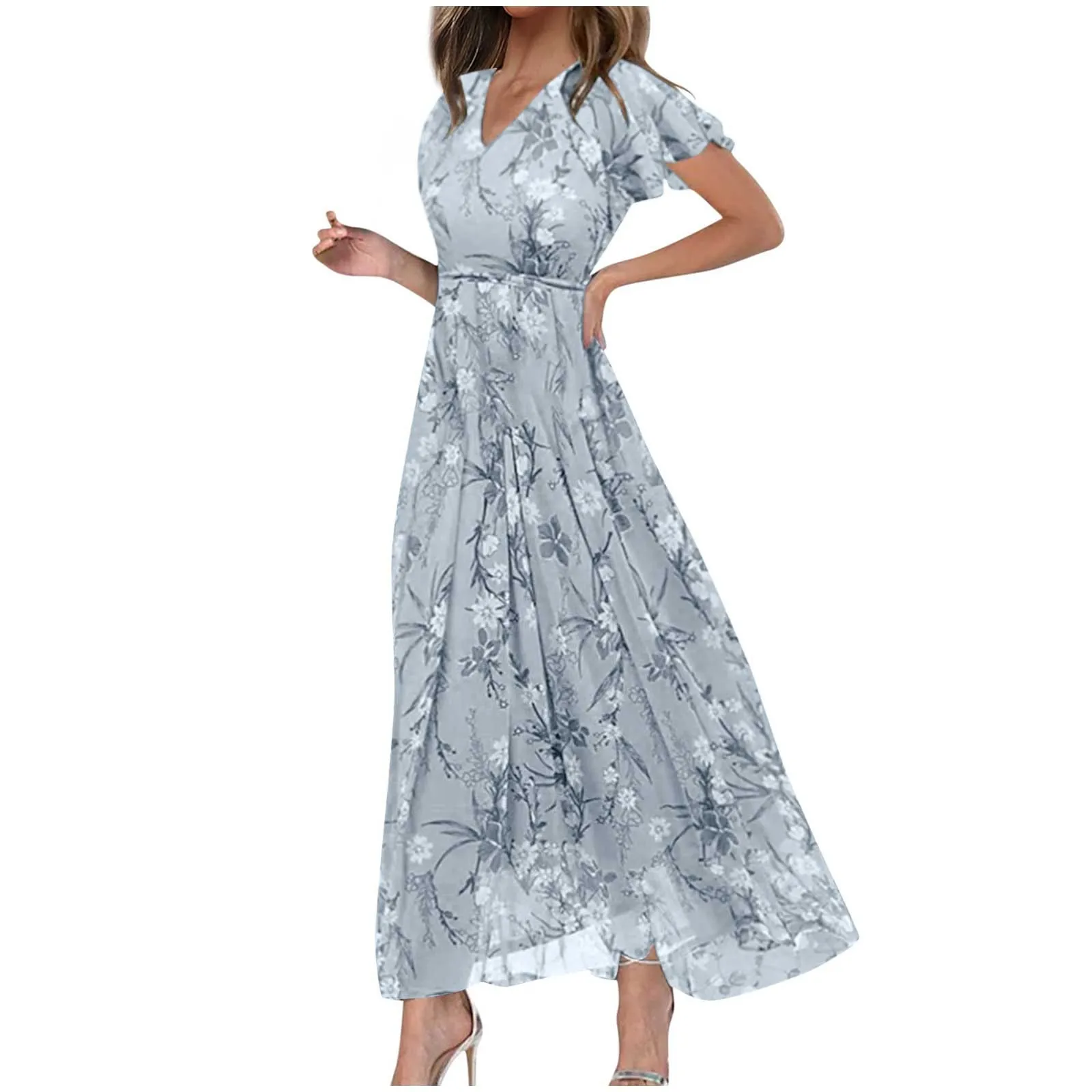 

Vestido Feminino Women'S Summer Dresses Casual Sundress Loose V Neck Flowy Ruffle Short Sleeve Dresses Dresses For Women