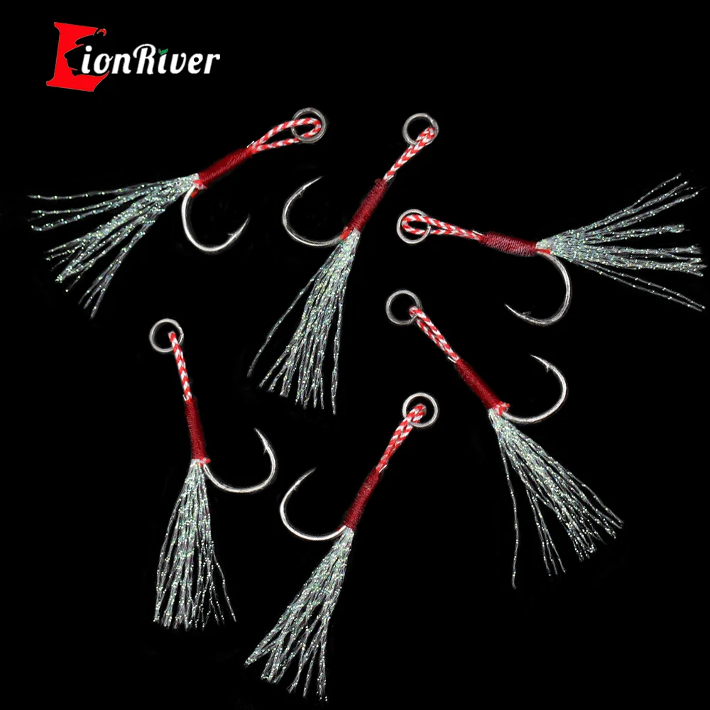 LIONRIVER Metal Jig Tail Assist Hook Fishing Lure Slow Jigging Fishing Cast Barbed Single Hook PE Line Feather Split Ring