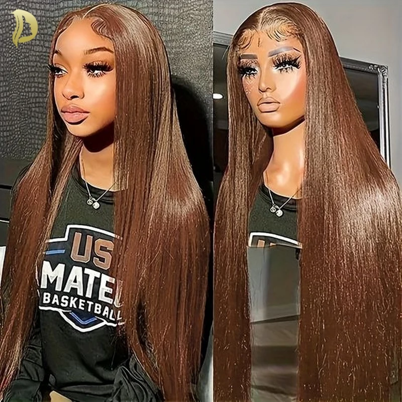 Lace Front Human Hair Wigs Reddish Brown Chocolate Brown Straight for Women
