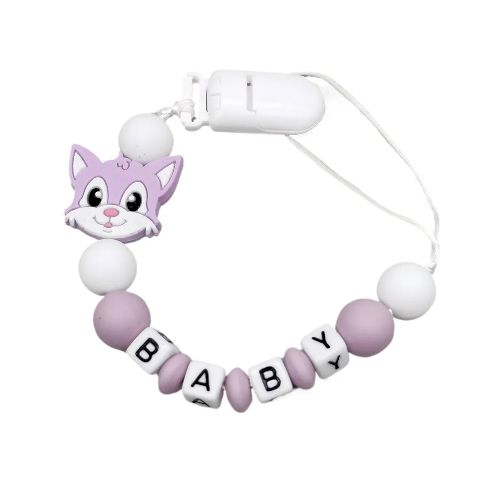 Gray White Baby Pacifier Leash with Silicone Animal Focal Beads Personalized Name Baby Accessory