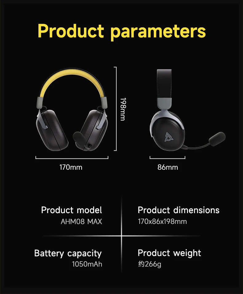 AJAZZ AHM08 MAX Kabelloses Gaming-Headset, 3 Modi, ANC, 1050mAh, Ergonomisch, Geringe Latenz, Geräuschlokalisierung, Lautstärkeregler – Detail 12
