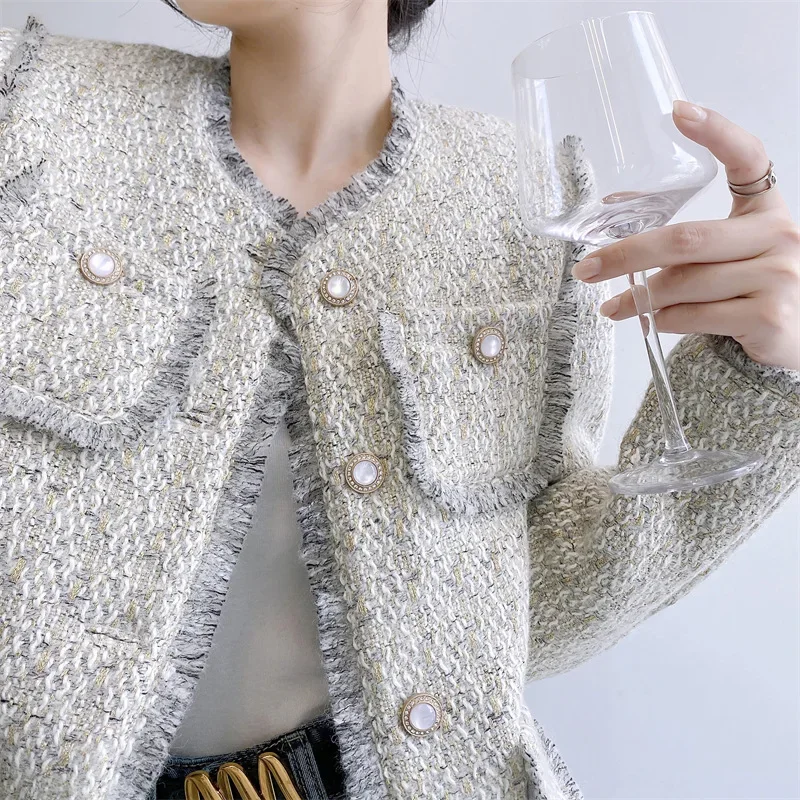 Light Blue Elegant Fashion Coat Women's Autumn Winter New Wool Tassel O Neck Korea Chic Sweet Small Fragrance Tweed Jacket 1694