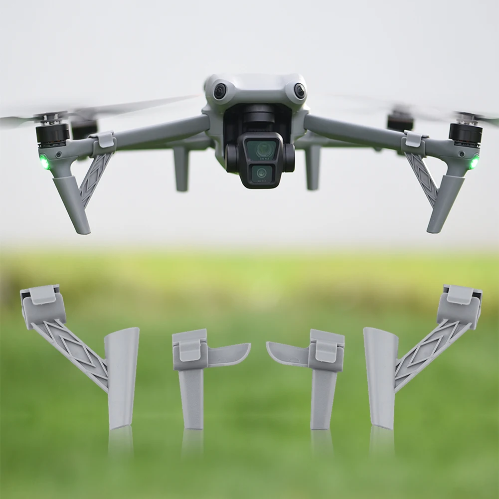 Train d'atterrissage surélevé pour DJI Air 3 Air 3S en action, drone posé sur l'herbe avec dégagement au sol.