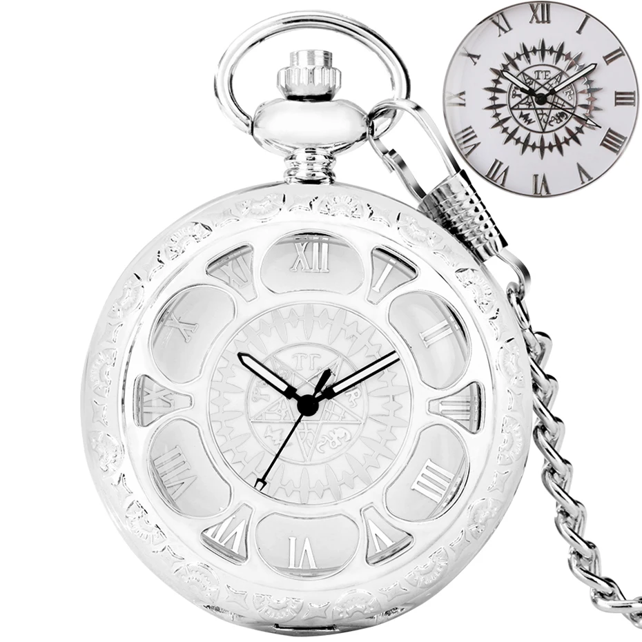 

Hollow Silver Cover Password Code Design Quartz Pocket Watch Necklace Pendant Gift Timepiece for Men Women with 80cm/30cm Chain