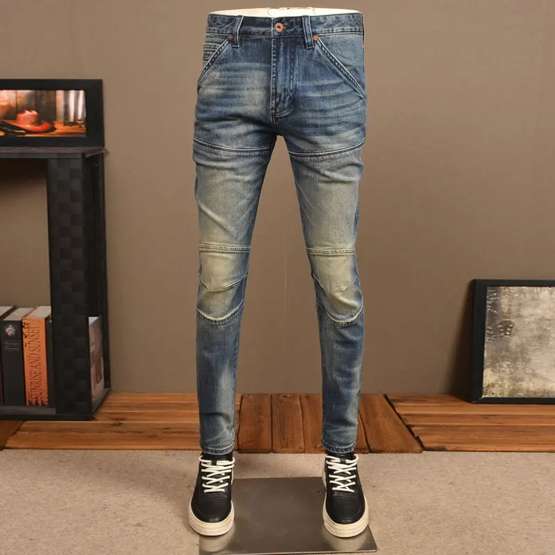 

Street Fashion Men Jeans Retro Washed Blue Stretch Slim Fit Spliced Designer Biker Jeans High Quality Hip Hop Denim Pants Men