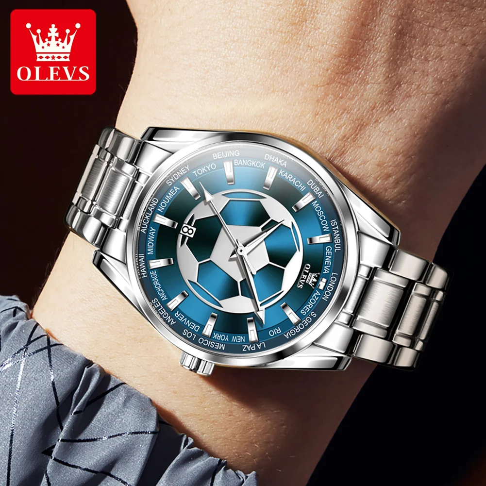 OLEVS Mens Watches Top Brand Luxury Stainless Steel Football Dial Quartz Watch for Men Sport Waterproof Luminous Relojes Hombre