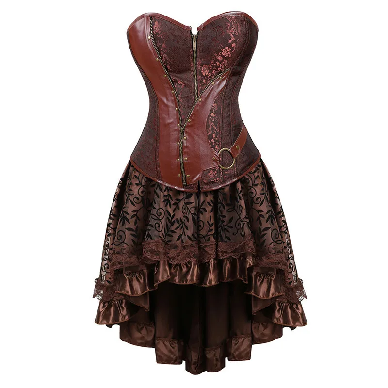 

Steampunk Corset Dress Victorian Leather Pirate Overbust Bustiers Corsets Skirts For Women Party Exotic Fashion Plus Size Brown