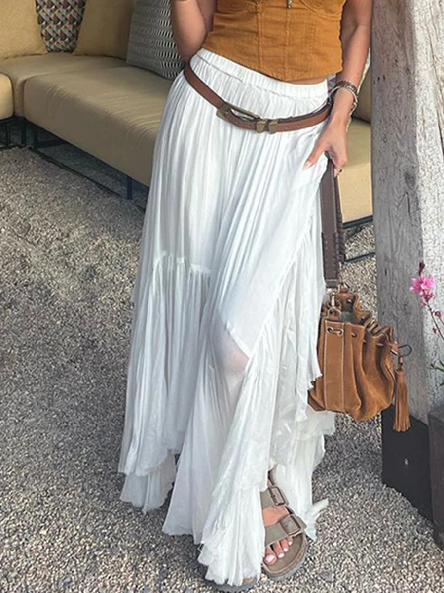 

Women acute s Long Skirts Solid Color Elastic Waist Chiffon Bohemian Skirts Spring Summer Irregular Casual Skirts