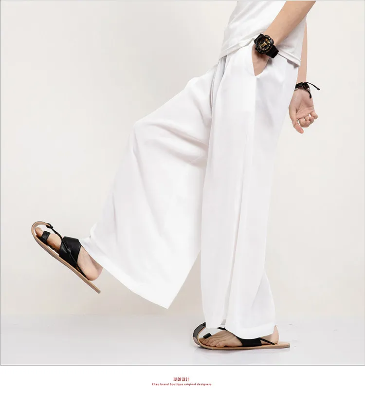 Sommer Eisseide Weite Hosen für Herren Schwarz Weiß Harajuku Streetwear Cropped Hosen Männliche Chinesische Stil HanFu Kongfu Rock-Hosen – Detail 16