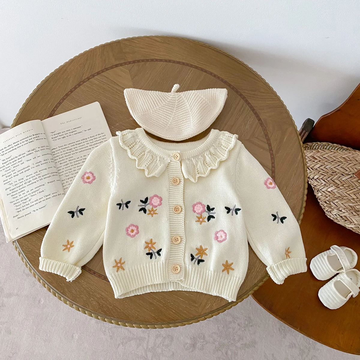 Baby Girls Sweater Korean Style Newborn Cardigans Baby Girls Knit Frilled Collar Floral Print Elegant Sweaters 0-3yrs