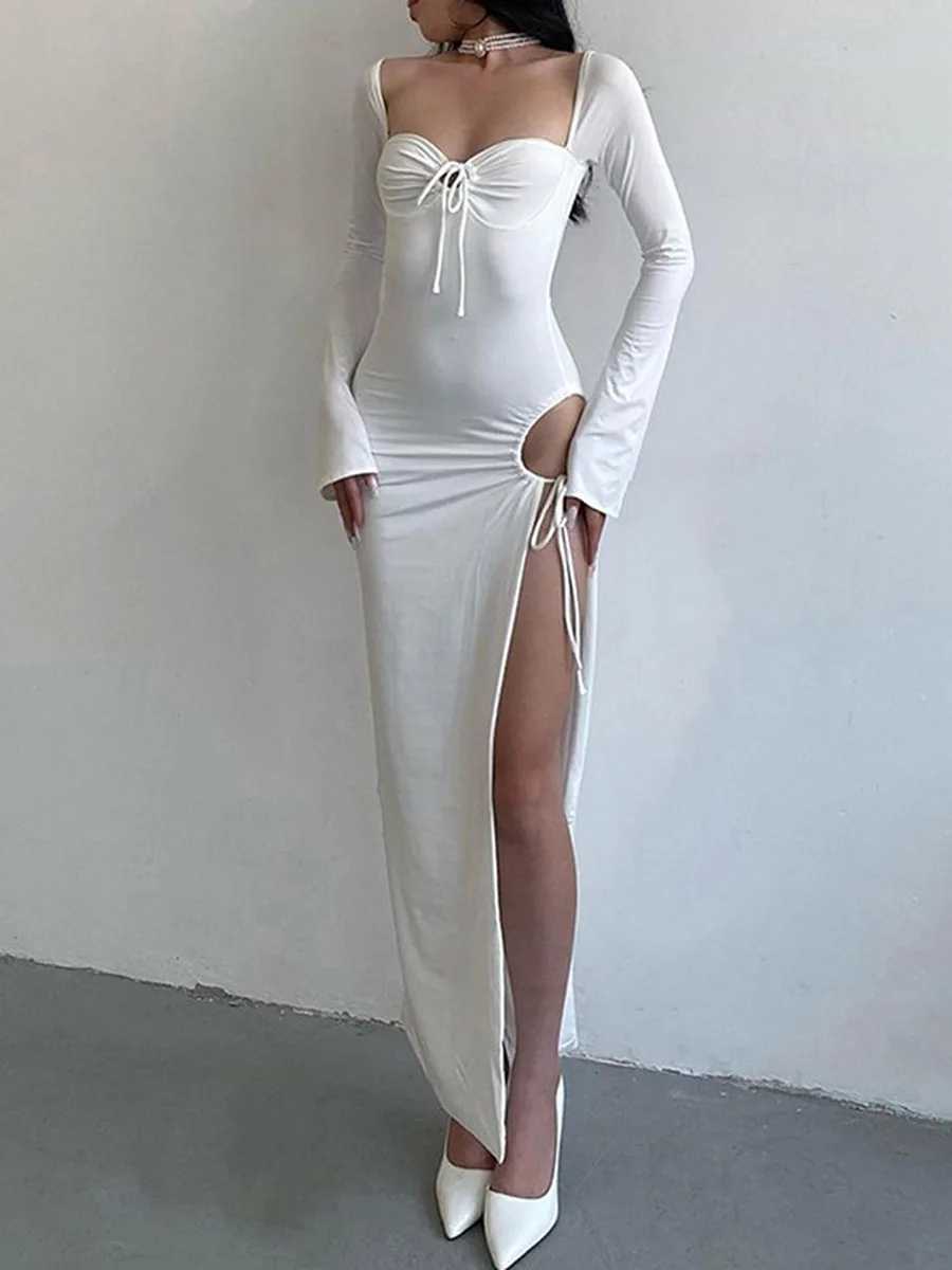 

Women Elegant Long Dress Sexy High Slit Long Sleeve Low-cut Tie-up Solid Color Bodycon Slim Fit Cocktail Party Dresses Aesthetic