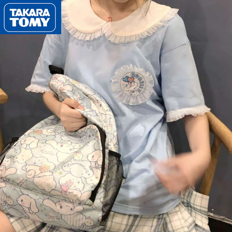 

Летняя Кружевная футболка TAKARA TOMY с короткими рукавами с изображением героев мультфильма Hello Kitty Girl, Свободный дышащий Милая футболка для сту...