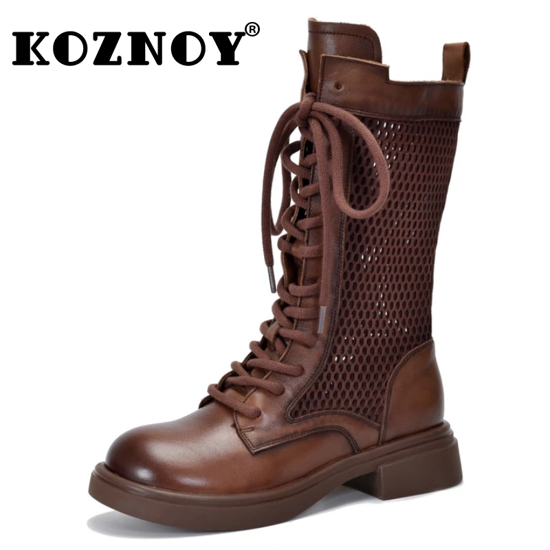 

Koznoy 4cm Air Mesh Genuine Leather Boots Hollow Ankle Women Moccasins Fashion Summer Chimney Motorcycle Sandals Booties Shoes