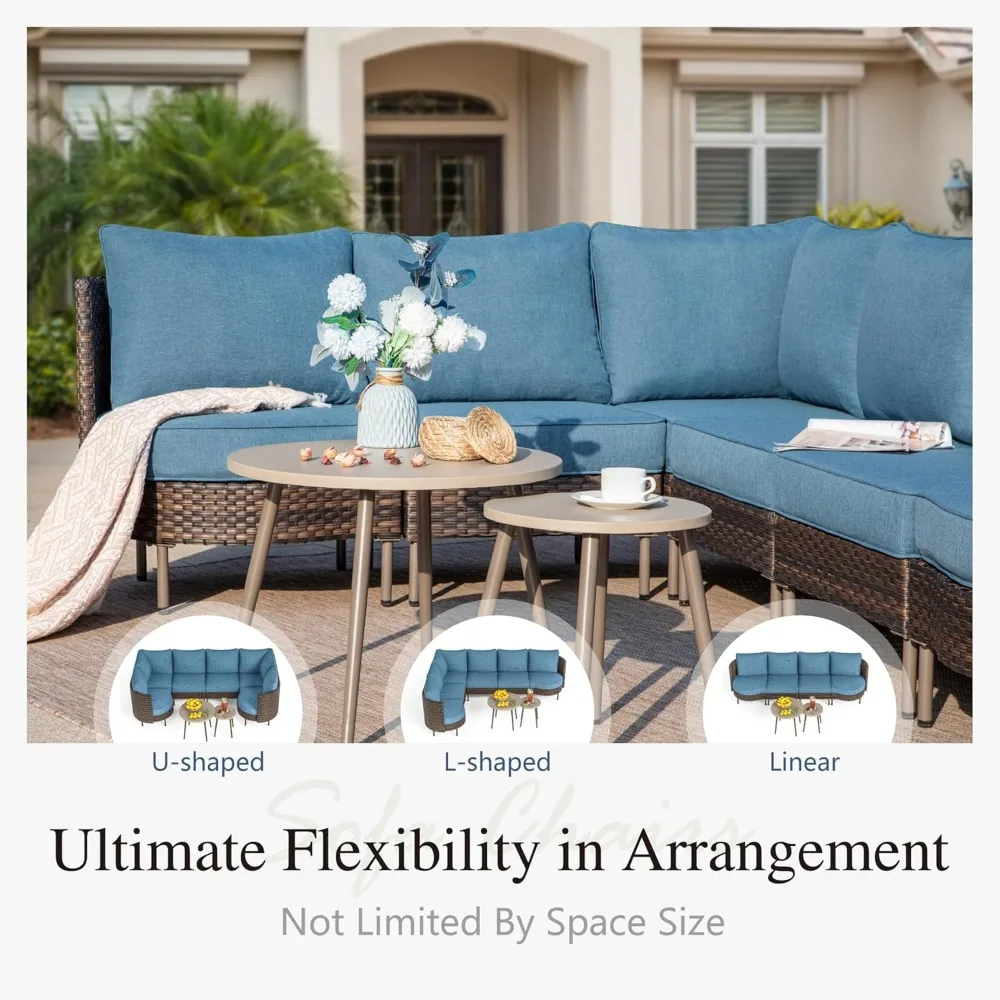 6 Piece Patio Furniture Set, L-Shaped Outdoor Sectional Wicker Patio Furniture with Coffee Table, 4-Seat Patio Conversation Set 6