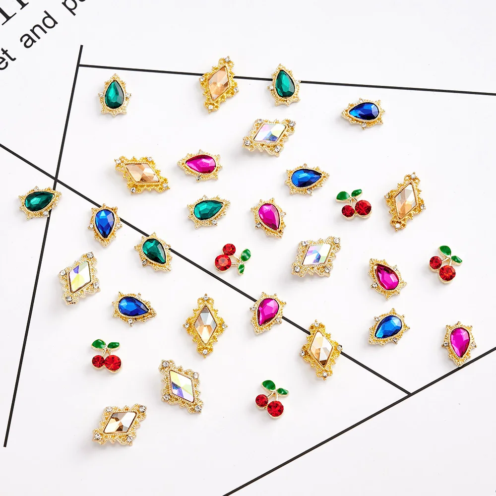 1Box Nail Art Rhinestone 24/30Pcs 3D Water-drop/Heart/Cherry Gems Nail  Decorations Metal Alloy Crystal DIY Nail Charms Jewelry